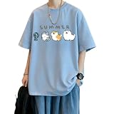 [BUTMYJ] 夏服 メンズ 半袖 T シャツ 綿 100% 猫プリント ゆったり大きいサイズ 丸襟 柔らかい肌触り カジュアル 快適着心地 男女兼用 普段着 通勤 通学 -light blue-XL