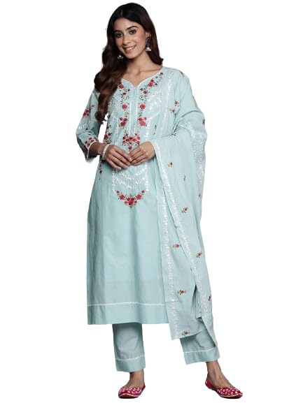 Varanga Women Sea Green Thread And Beads Embroidered Kurta With Tonal Bottom And Dupatta
