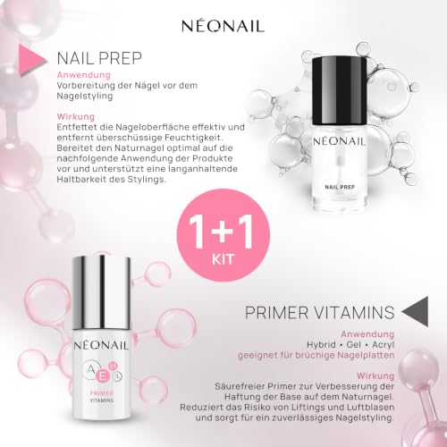 NÉONAIL Nagelvorbereitung Set – Nail Prep 7,2 ml & Säurefreier Primer Vitamins 7,2 ml – Primer für Gelnägel - Dehydrator und Primer für Nägel - Für langanhaltende Haftung und gepflegte Naturnägel