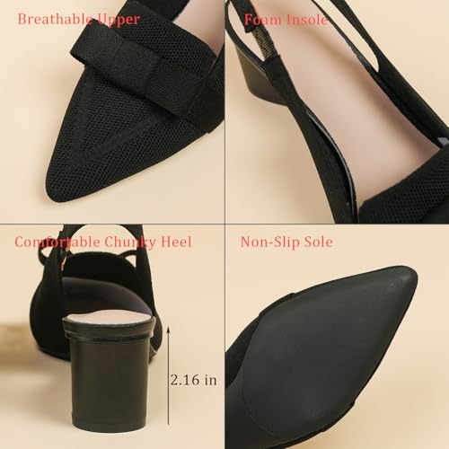Women's Knitted Bow Slingback Chunky Heel Pumps Closed Pointed Toe Slip On Low Block Heels Daily Work Office Dress Shoes3