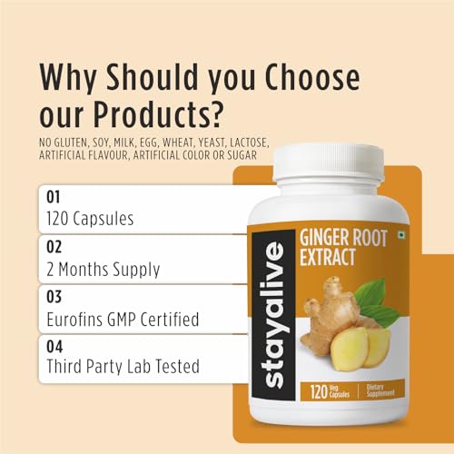 Image of StayAlive Pure Ginger Root Extract 10,000mg with 5% Gingerols, 120 Ginger Root Capsules for Nausea, Immunity and Digestive Health, 10:1 Super Extract Powder, Non-GMO and Gluten-Free Ginger Supplement