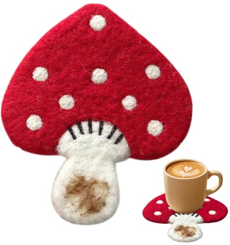 Kokaaee Cute Wool Mushroom Coaster - Red Cute Mushroom Decor Coaster for Desk, Heat Insulation, Moisture Absorbent, Handmade Wool Felt, Lovely Gift for Office Home, Christmas Housewarming, 1pc