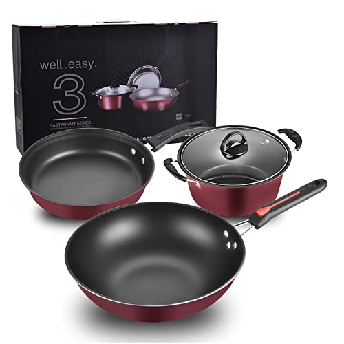 FEMUN,Pots And Pans,Pans And Pots,Cookware Sets,Cookware,Frying Pans, Soup Pans, Milk Pans，Red, Three-Piece Set,11.81L*3.54H,9.45L*2.36H,9.45L*3.94H,Suitable for kitchen, gas stove.