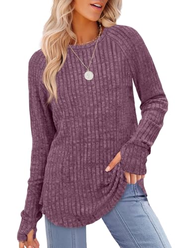 Image of Saloogoe Women's Long Sleeve Top Crewneck Basic Lightweight Fall Shirt with Thumb Hole