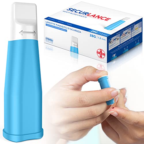 AIESI® Lancette pungidito per glicemia monouso sterili con sistema di sicurezza e punta in acciaio inox retrattile ago 28G SECURLANCE (Confezione da 100 pezzi)