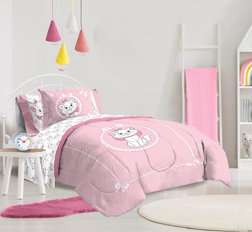 Image of Disney Aristocats Marie Twin Comforter Set 5 Piece Kids Bedding, Pink | Bed in a Bag, Comforter Sheets Sham Pillowcase, Official Brand, Soft Microfiber, Machine Washable, Easy Care, Girls Gift
