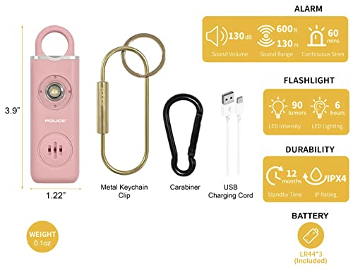 POLICE Personal Alarm Keychain for Women – 130dB Siren Alarm, LED Flashlight with Strobe Light Rechargeable Safety Alarm - Pink
