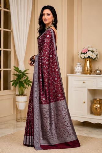Image of Women's Glory Banarasi Satin Kanjivaram Saree Silver Zari Border Pure Soft Blend Silk Sari Kanchipuram Paithani Silk Party Wedding Festive New Ladies Sadi with Unstiched Blouse Piece.