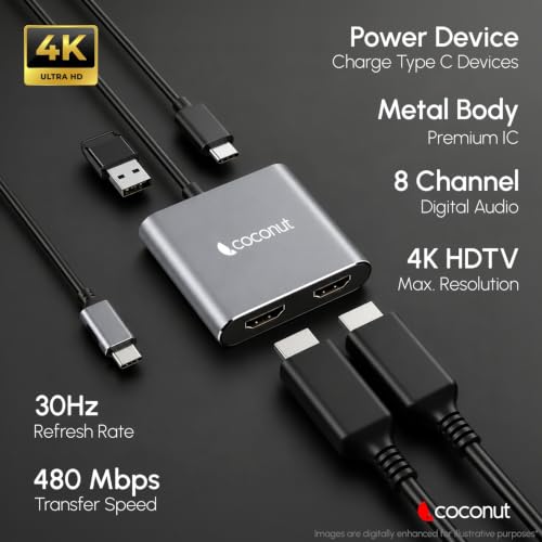 Image of Coconut Type C Dock with Dual HDMI, USB & PD Charging Port | 4 Port - 4K HDMI USB C Hub for Laptop, Dual Monitor Adapter for Windows & MacBook, Type C Hub for Streaming, Trading, Multi Screen Setup