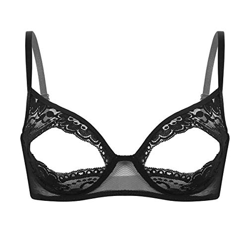 Lejafay Women's Lace Floral Hollow Out Open Nipples Bralette Wire-Free Unlined Bra Top Babydoll Black X-Large
