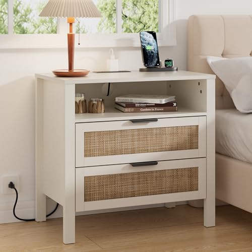 HOMMPA Rattan Night Stand with Charger Station, 26'' Wide Boho Nightstand with 2 Drawer, Modern Bedside Table with USB Port & AC Outlet, Bed Side End Table Dresser with Open Shelf for Bedroom, Beige