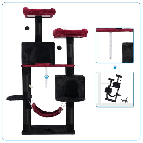 Image of Hey-brother Gothic Large Multi-Level Cat Tree Condo Furniture with Sisal-Covered Scratching Posts, 2 Bigger Plush Condos, Perch Hammock for Kittens, Cats and Pets, Black and Red MPJ020BR