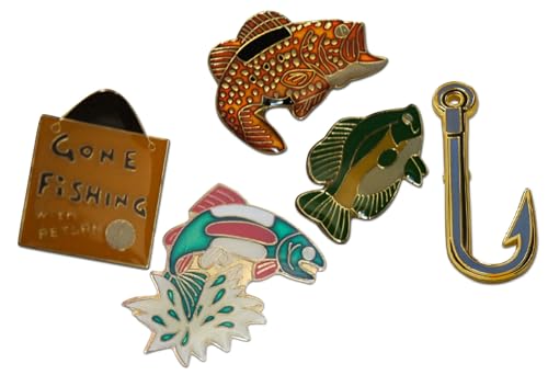5-Piece Fish & Hook Father's Day Gone Fishing Trip Lapel Pin or Hat Pin & Tie Tack Set with Clutch Back by Novel Merk