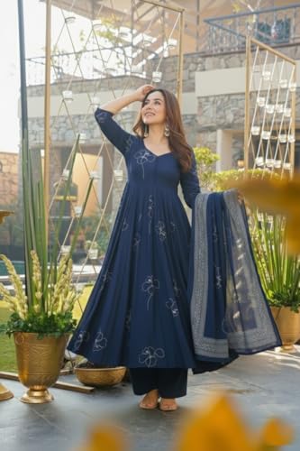 Image of ANNI Designer Women's Viscose Blend Umbrella Style Printed Kurta Palazzo with Dupatta | Elegant Kurta Set for Women | Stylish Palazzos & Dupatta Set | Ethnic Wear for Women