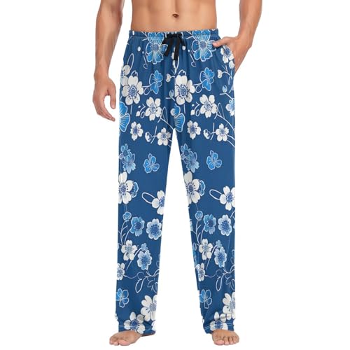 Men's Pajama Pants Little Flowers Blue Sleep Pajama Lounge Pant with Pockets, Elastic Waistband3