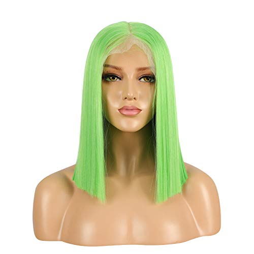 ALICE 13x6 Green Lace Front Wig, 14" Short Bright Green Bob Wig Silky Straight Middle Part Synthetic Wig for Women, Pre Plucked with Natural Hairline and Baby Hair