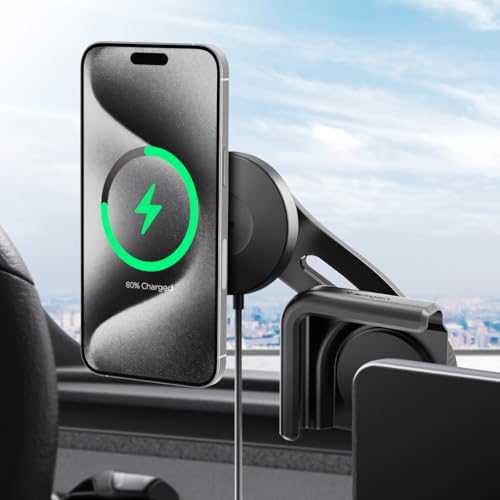 Image of Spigen TapLock Qi2 MagSafe Charging Tesla Phone Mount for Model Y & More | For Model Y /3 /S /X /Juniper - For iPhones with MagSafe & Galaxy phones with MagSafe cases & Pixel phones with Pixelsnap