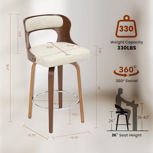 Image of Swivel Bar Stools Set of 3, 26 inch Counter Height Bar Stools, Mid-Century Modern PU Leather Modern Island Chairs with Back and Footrest, for Kitchen, Bar, Restaurant, Cafe (Beige Gray)