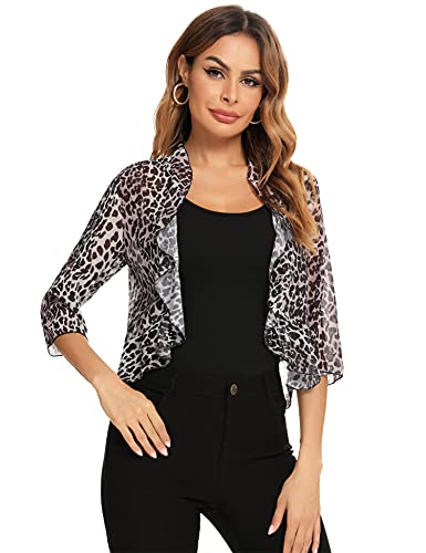 Aceshion Women's Open Front Cropped Cardigan 3/4 Sleeve Casual Shrugs Jacket Draped Ruffles Bolero Cardigan (Leopard), X-Large #TOP3