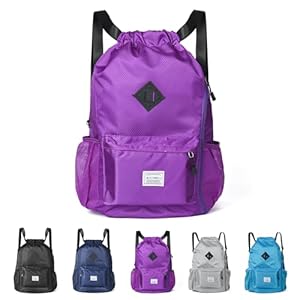 ALUSBELL Large Drawstring Backpack Bag, Sports Gym Bag String Sackpack with Shoes Compartment, Waterproof String Bag Cinch for Women Men(Purple)