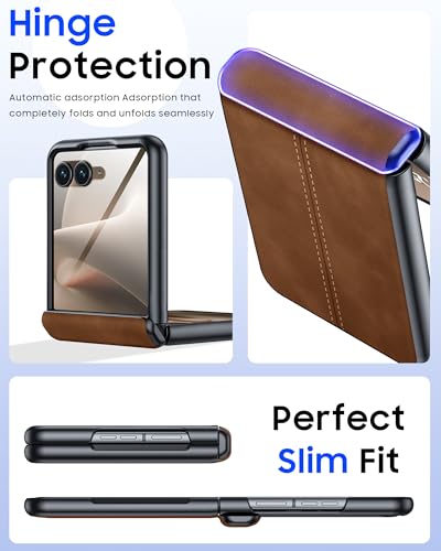 Image of for Motorola Razr+ Plus 2026 Case /Razr+ Plus 2025 Case with Hinge Protection & Built-in Outer Screen Protector, PU Leather Matte PC Shockproof Cover, Ultra Slim Case for Razr+ 2026 /2025-Brown