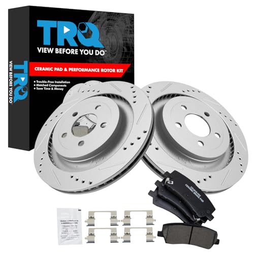 Image of TRQ Performance Rear Brake Pad and Rotor Set Ceramic Drilled Slotted G Coated Rotors Compatible with 2015-2018 Ford Mustang