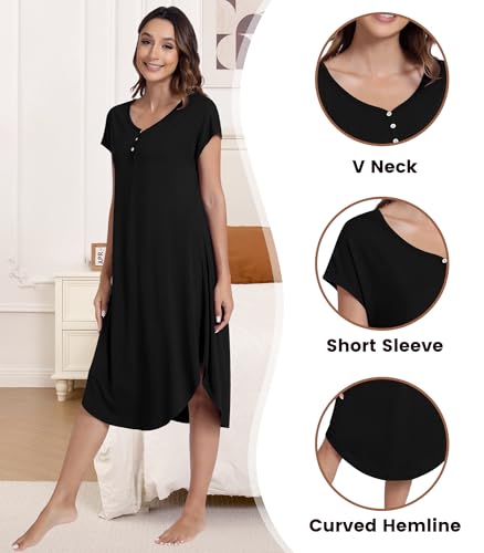 Image of NACHILA Bamboo Viscose Nightgown for Women Short Sleeve Crew Neck Sleepwear