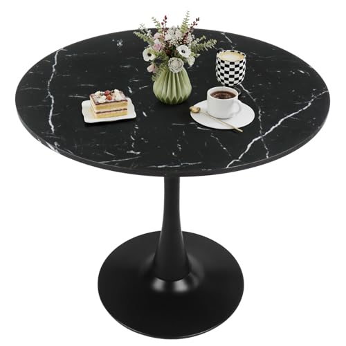 Image of Round Dining Table 31.5 inch Faux Marble Black Tulip Table with Pedestal Base for 2-4 People Small Space - Kitchen Living Room Cafe
