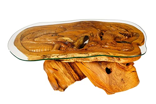 Windalf Wohnzimmertisch mit Drache DRAKI 119 cm Mit Glasplatte Hochglanz Couchtisch Handarbeit aus Wurzelholz