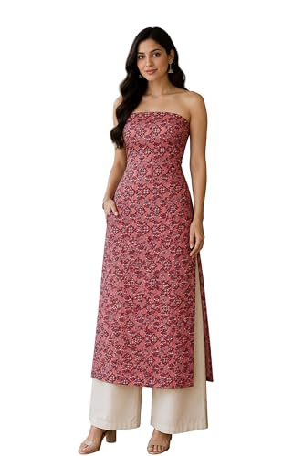 Image of Ethnics of Kutch Women's Ajrakh Mashru Silk Natural Dye Hand Block Print Unstitched Kurta Fabric Mtr Length (2.5 Mtrs - Beige 25B01A)