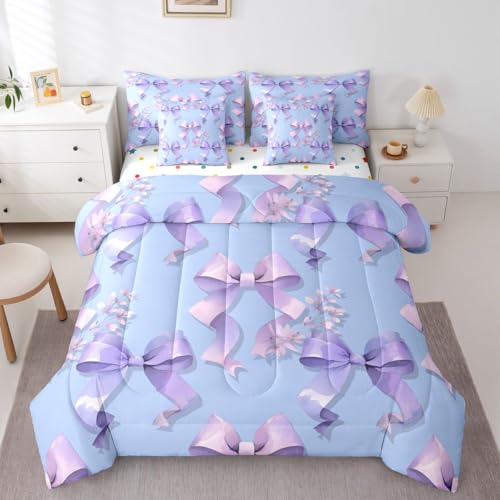 Image of Purple Bow Full Size Bed Sheets and Comforter Set | Cute Bowknot 7-Piece Bedding Set Dreamy Princess Style Ribbon Bow Tie Bed in a Bag, Girly Floral Bed Sets,Kawaii Room Decor Aesthetic