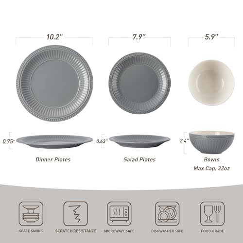 Image of Famiware Garden Plates and Bowls Set for 6, 18-Piece Kitchen Dishes Dinnerware Set - Microwave and Dishwasher Safe, Scratch Resistant, Reactive Glaze and Embossed Stoneware Tableware, Bluish Grey