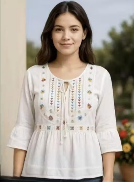 Women's Cotton Floral Embroidered Angrakha Style Short Kurti, U-Neck, 3/4 Sleeve, Regular Fit, Ethnic Wear|||White Dress Girl-image-9