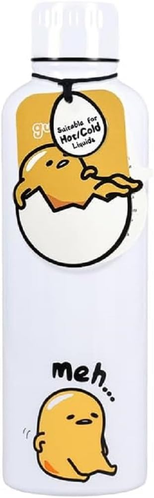 Paladone Gudetama Official Licensed Metal Water Bottle Lazy Egg Cartoon Character, Silver and Yellow Reuseable Drinkware Gift