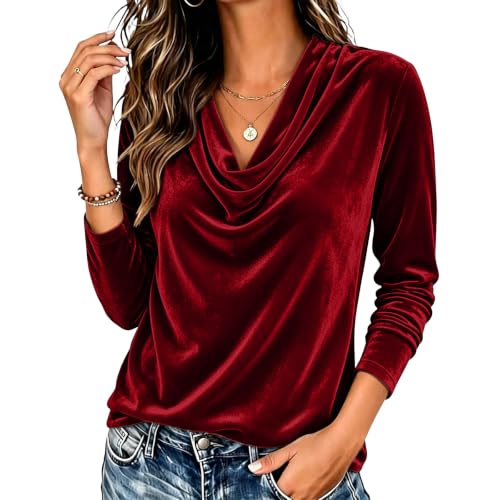 Velvet Tops for Women Cowl Neck Long Sleeve Dressy Casual Velour Shirt - image 7
