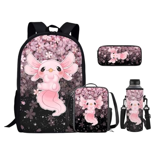 Ystardream Cherry Blossom Axolotl Backpack With Lunch Box Bookbags for 7Th Grade Girls Elementary School Backpack Set 4 in 1 Kindergarten Middle School BookbagsSet for Teens Kids Book Bags