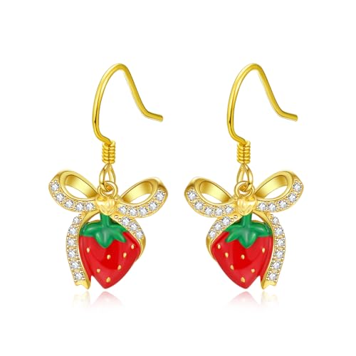 Sterling Silver Strawberry Earrings for Women Gold Plated Bow Fruit Earrings Dangle Hook Accessories Summer Fruit Jewelry Gifts by Dreamboat - Used condition - US$28.12