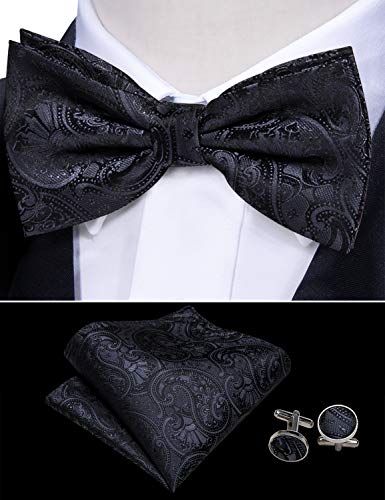Yohowa Cummerbund Bow Tie Set For Men, Silk Cummerbund Pretied Bow Tie Pocket Square Cufflinks (Black Paisley Set) #TOP4