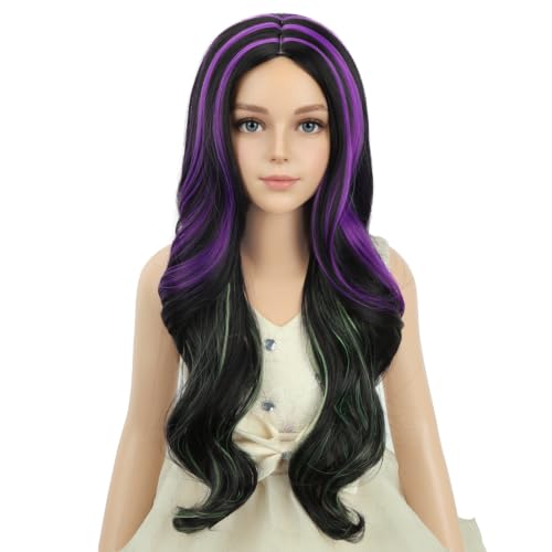 Image of PATTNIUM Girls Black Green Purple Wig Long Curly Wigs Kids Black Mixed Middle Part Heat Resistant Synthetic Wigs Halloween Cosplay Costume Party Wig