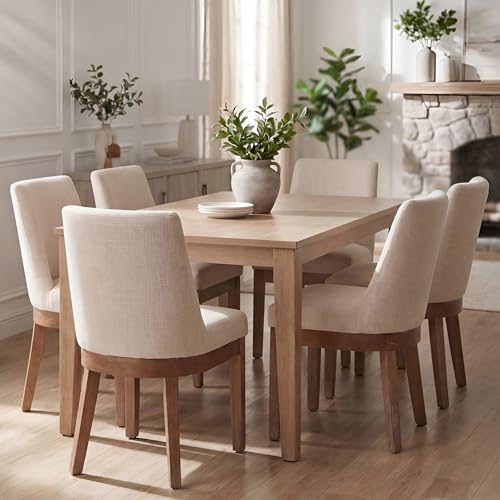 HNY Modern Dining Chairs Set of 6 with Comfortable Back Support, Farmhouse Soft Linen Upholstered Kitchen Dining Room Chairs with Solid Wood Legs, Armless Accent Side Chairs for Living Room, Beige