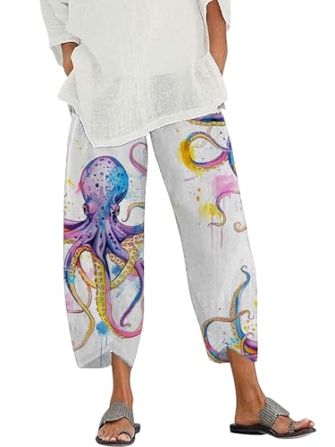 Womens Capris Linen Pants Ocean Japanese Art Printed Baggy Cropped Wide Leg Pallazzo Trousers Fish Pants for Beach