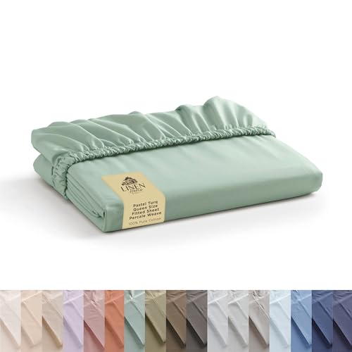 100% Cotton Percale Queen Fitted Sheet, Pastel Turk, 1 Deep Pocket Fitted Sheet, Crisp and Cool Strong Bed Linen, 60"X80"+15"
