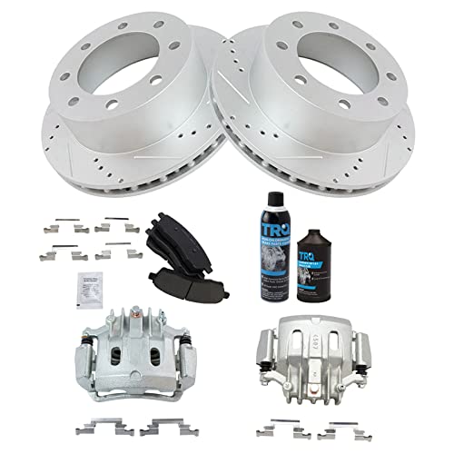Image of TRQ Performance Rear Brake Pad & Rotor Kit Premium G-Coated Slotted X Drilled Ceramic Compatible with 2000-2005 Ford Excursion 2000-2004 F-250 Super Duty F-350 Super Duty