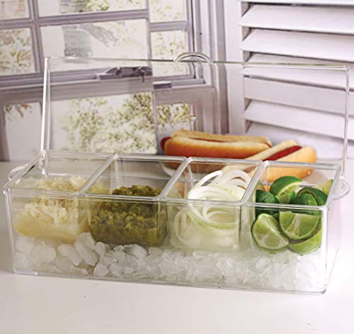 Circleware Acrylic Condiment Station with Ice Chiller 4-Section Glass Preserving Dish Platter, Home & Kitchen Serving Tray for Fruit, Salad, Cheese, Snack, Dessert and Candy, 14.5” X 5", Clear
