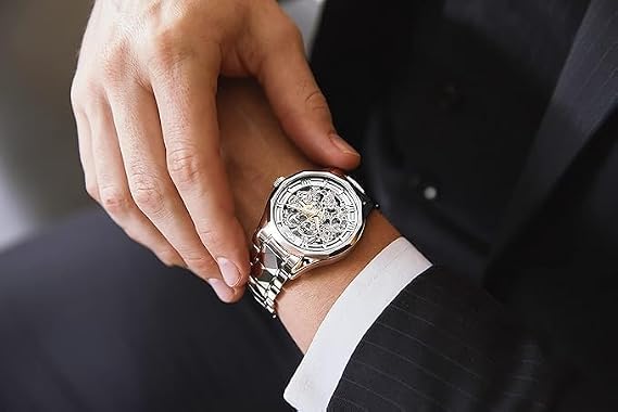 OLEVS Men Skeleton Watch Automatic Mechanical Self Winding Sapphire Crystal Luxury Dress Tungsten Steel Waterproof Two Tone Strap