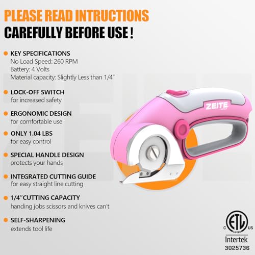 ZEITE 4V Cordless Electric Scissors Cardboard Cutter with 2 x Blades,1 x Storage Case,1 x USB Charging Cable,Rotary Cutter for Box Plastic Carpet Fabric, Easy to Hold and Safety,Pink by Zeite - Image 2