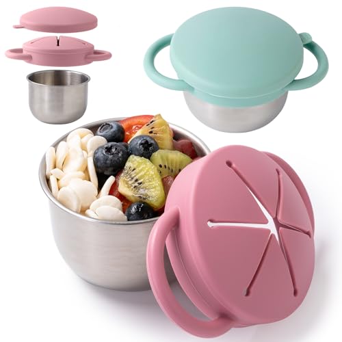 Bufilea 2 Pack Snack Containers for Toddlers, Stainless Steel Toddler Snack Cups with Silicone Food Catcher & Lids,Snack Cups for toddlers Spill Proof