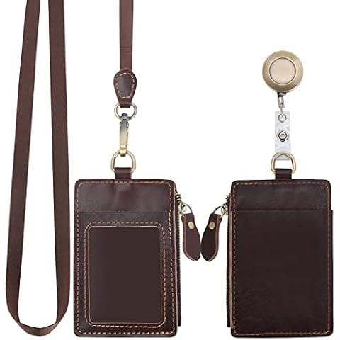 Wonderpool Leather ID Badge Holder Card Case Slots with Zipper Wallet Pouch- Detachable Lanyard and Retractable Badge Reel for Cash Coins Keys Bills & Work Student Permit Badge Cards (Coffee) Cover