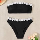 HFYRBDKSPI Damskie Dwuczęściowe Kostiumy KąPielowe z Kwiatowym WykońCzeniem Tuba Wysokie Wycięcie, Prążkowane Bikini Kostiumy KąPielowe Bez Ramiączek,Black,M