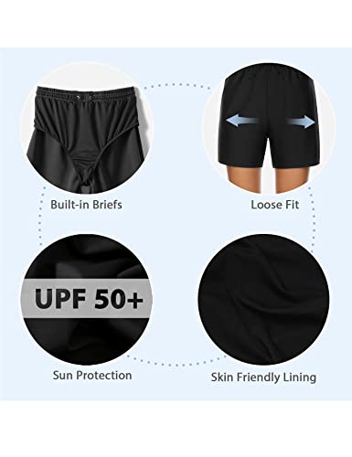 Bonneuitbebe Women's Swim Shorts High Waisted Upf 50+ Bathing Suit Board Shorts Drawstring Waistband Swimsuit Bikini Bottoms Black #TOP4